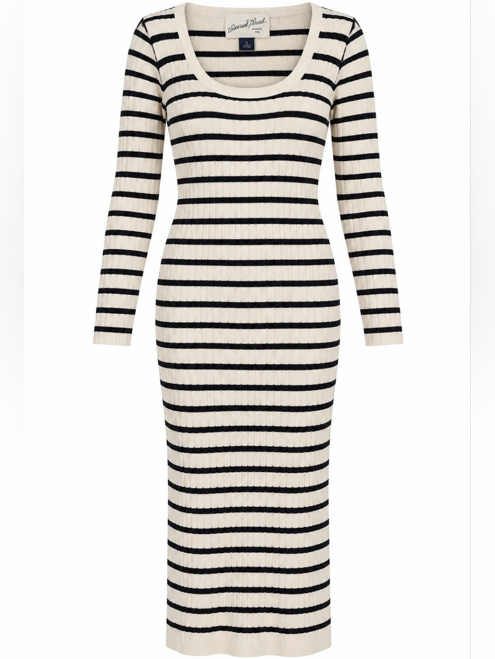 NWT Universal Thread Cream Black Stripe Ribbed Knit Fitted Midi Sweater Dress S
